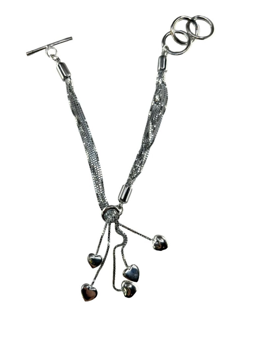 925 Sterling Silver Heart Charm Bracelet Strand Toggle Chain Adjustable 13.63g